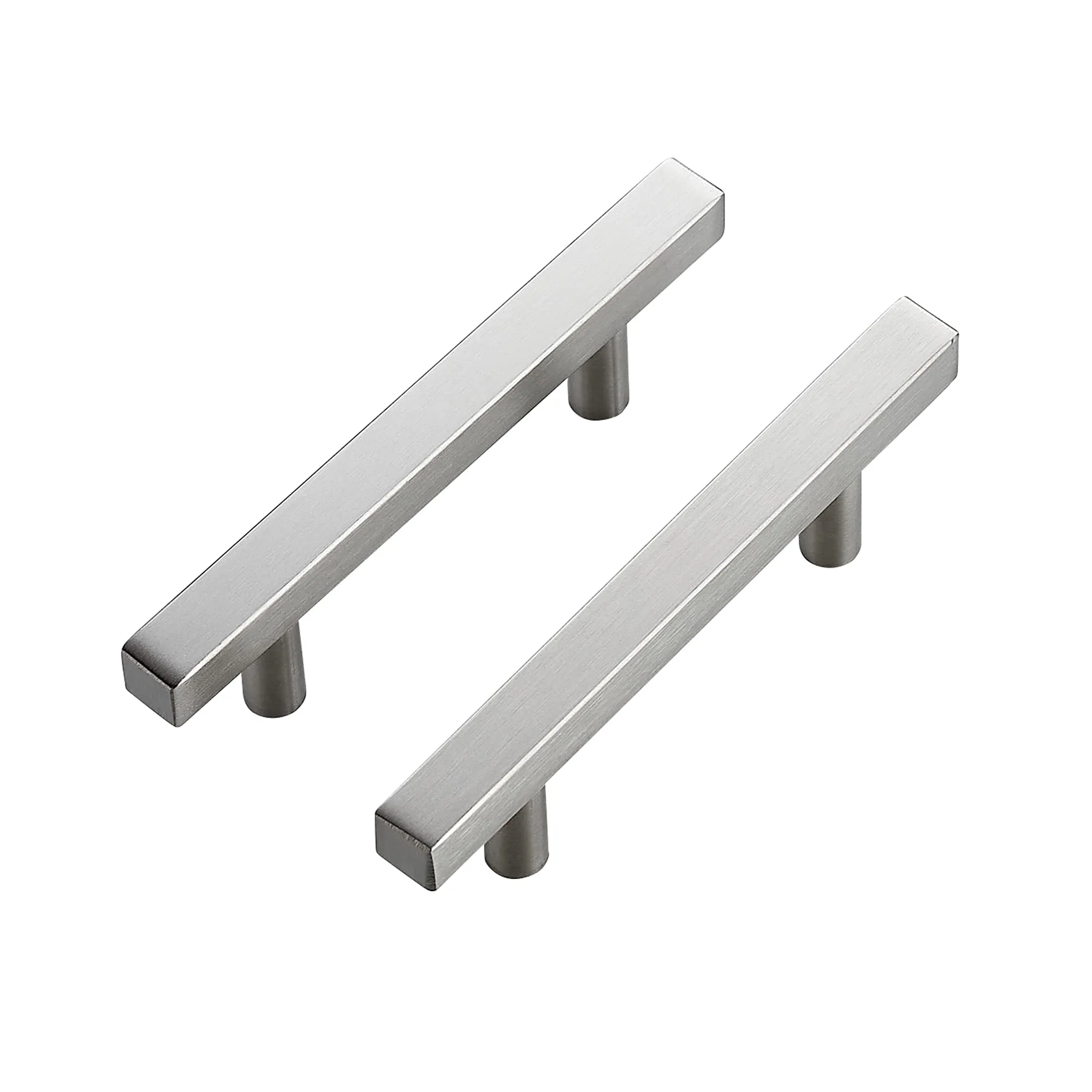 close-up of stainless steel kitchen drawer pulls in nickel finish